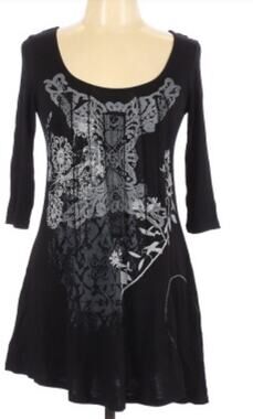 DECA PARIS Black Gray Graphic Tunic Dress Embellished w Lace & Ribbons T 1 S NWT